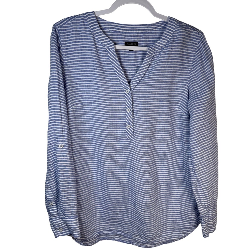 Talbots Blue White Striped 100% Linen Roll‎ Tab Tunic Top Capsule Wardrobe M